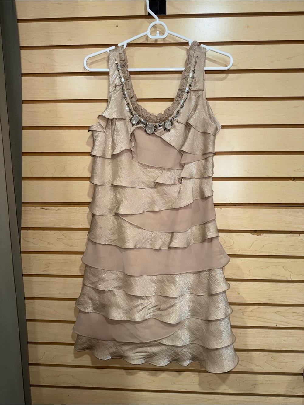 S.L. Fashions Champagne Layered Ruffle Dress with Beaded Neckline